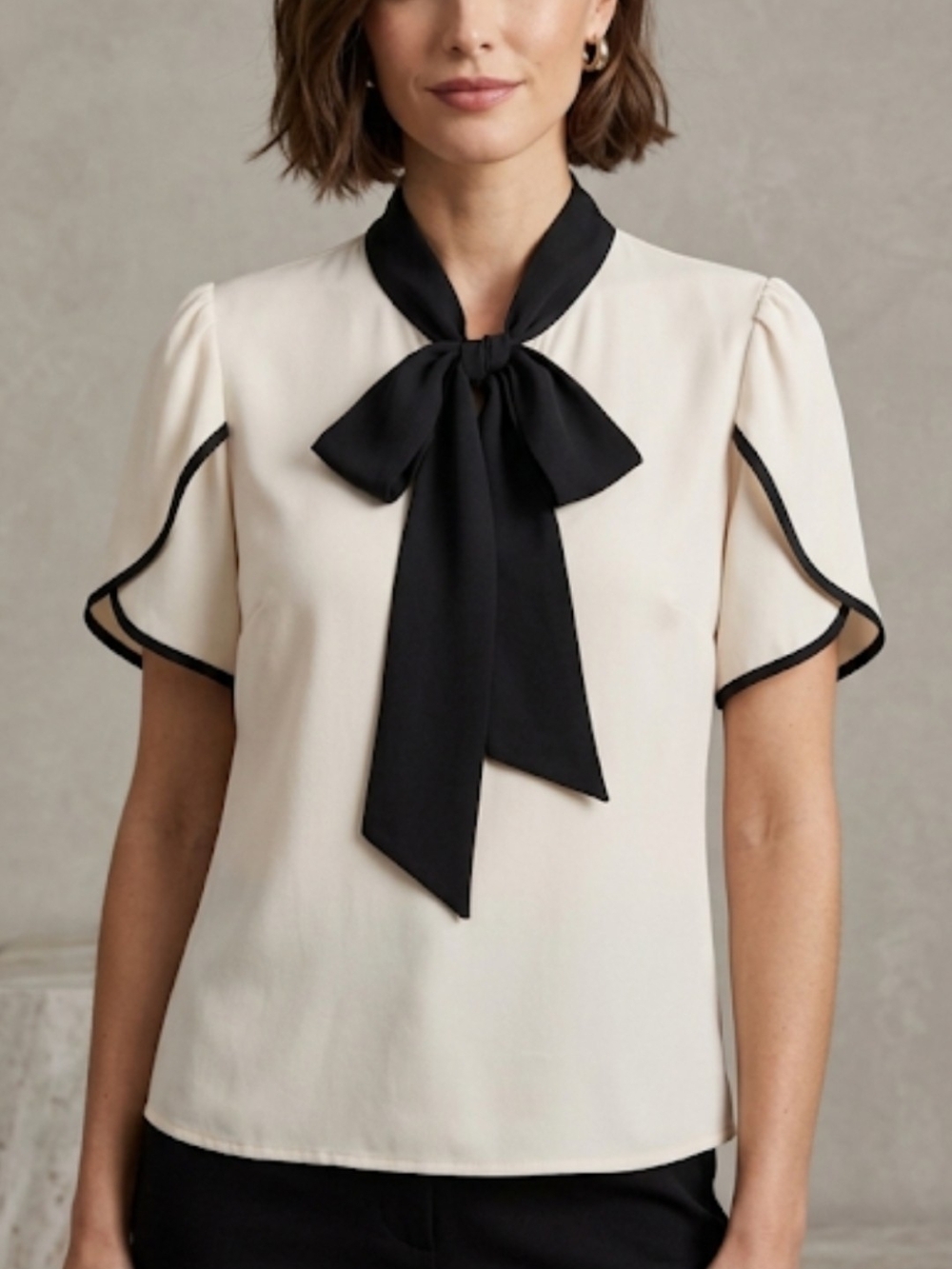SHEIN Cream Blouse with Black Tie-Neck and Trim